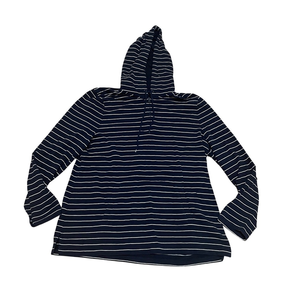 Talbots Navy White Striped Pima Cotton Modal Hoodie XL Pockets Nautical Pullover